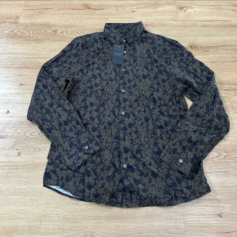 Ted Baker London Mens Akselle Floral Print Long Sleeve Shirt Brown Size 3 M NWT